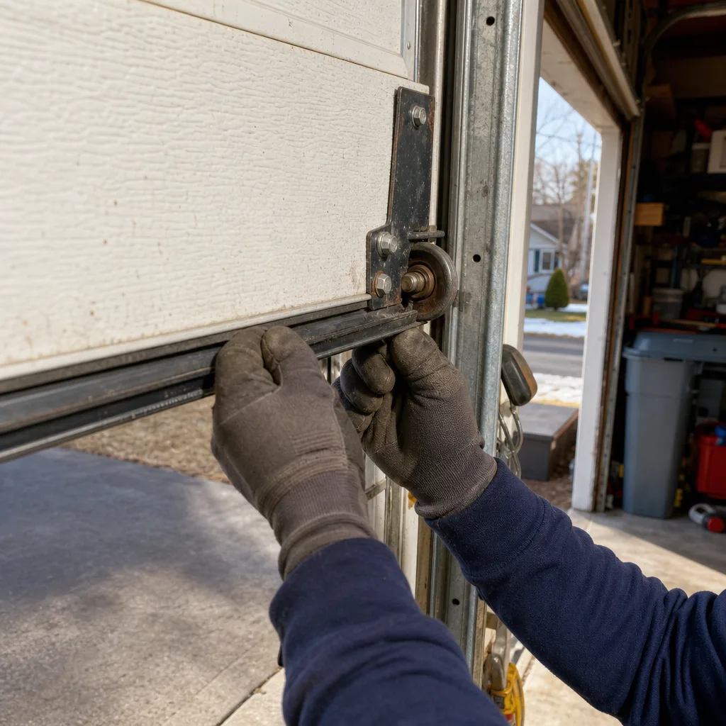 Technician performing professional garage door cable and hardware maintenance.
