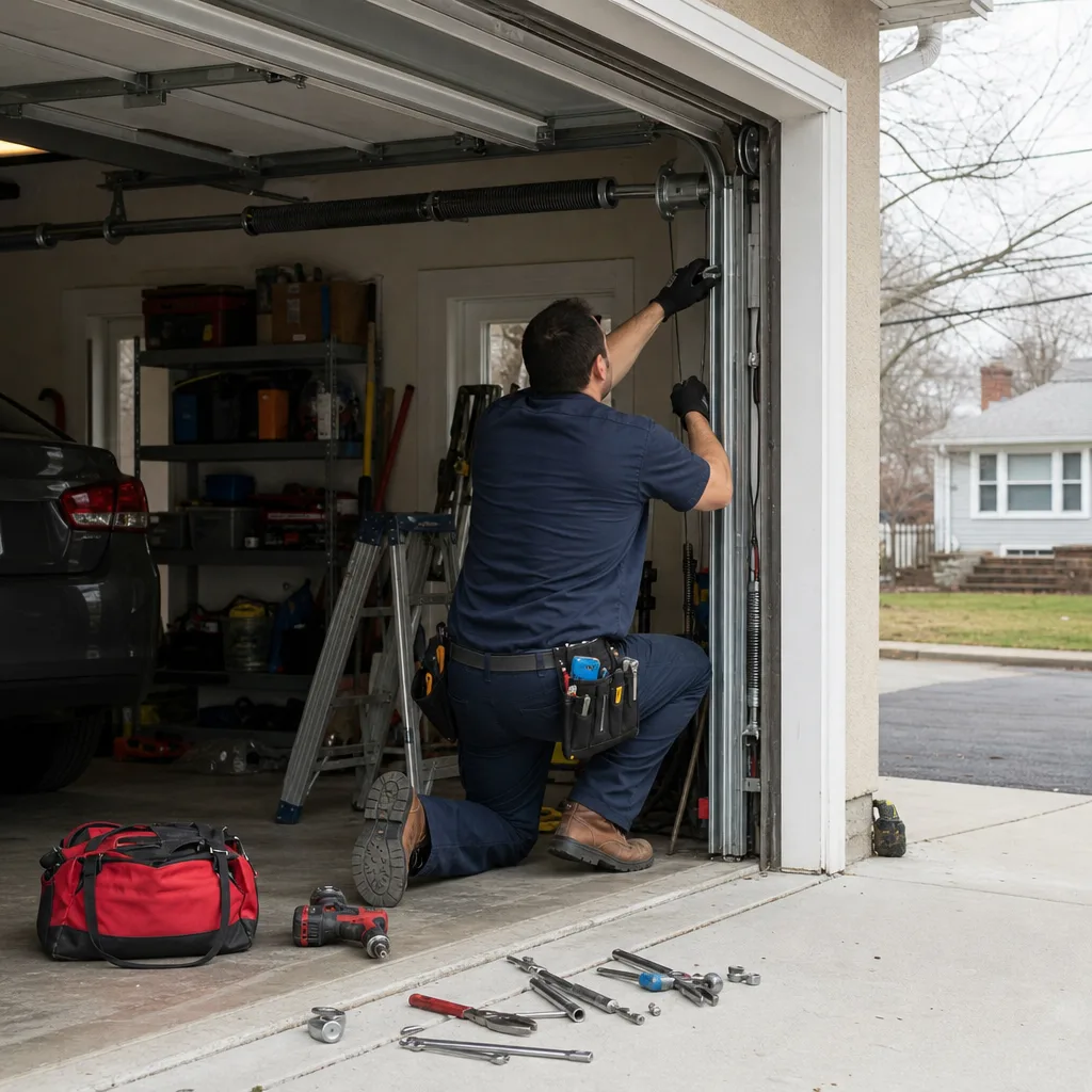 Technician performing professional garage door cable repair with tools in garage