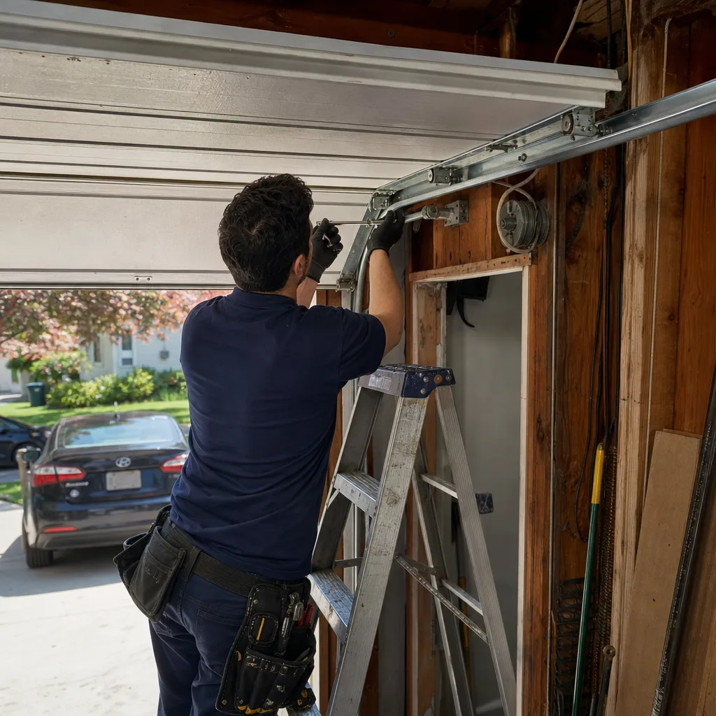 Professional technician performing residential garage door cable repair on a ladder