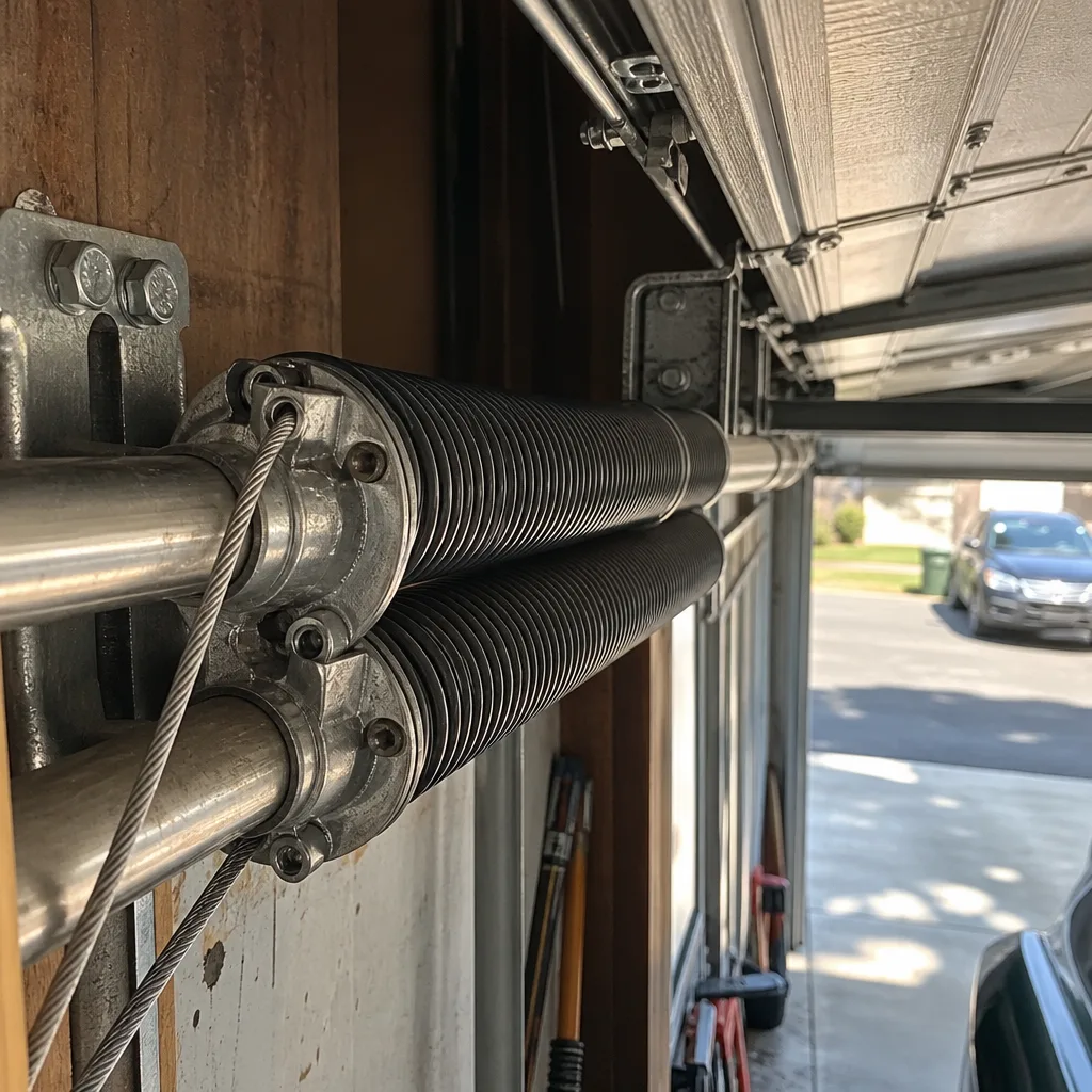 Professional garage door torsion spring repair on metal door hardware