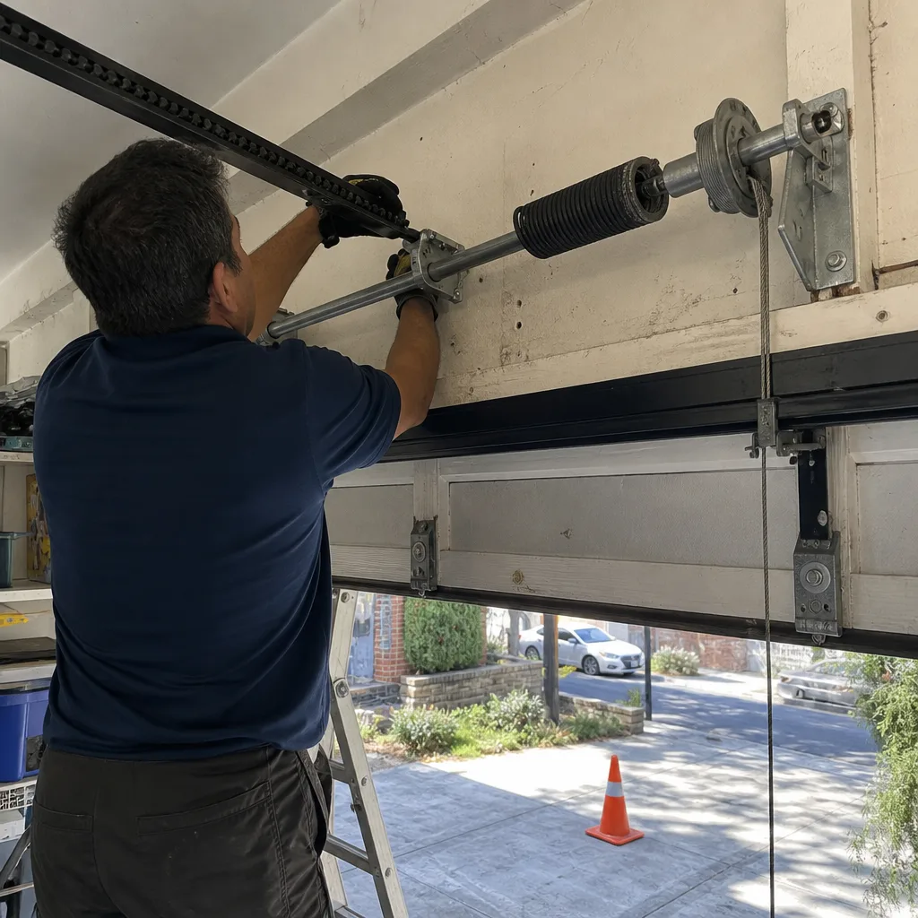 Technician performing professional garage door spring repair on a residential door.