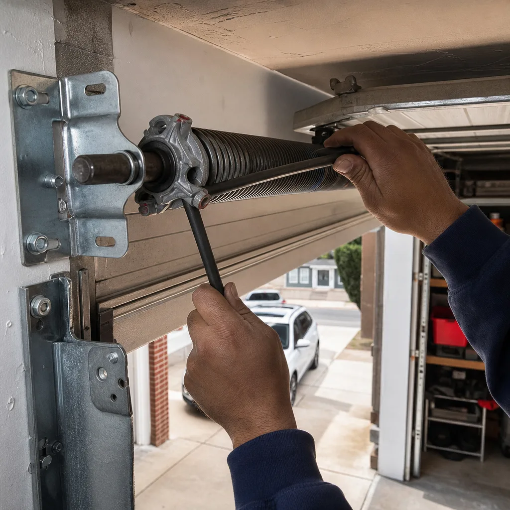 Technician performing professional garage door torsion spring repair with winding bars